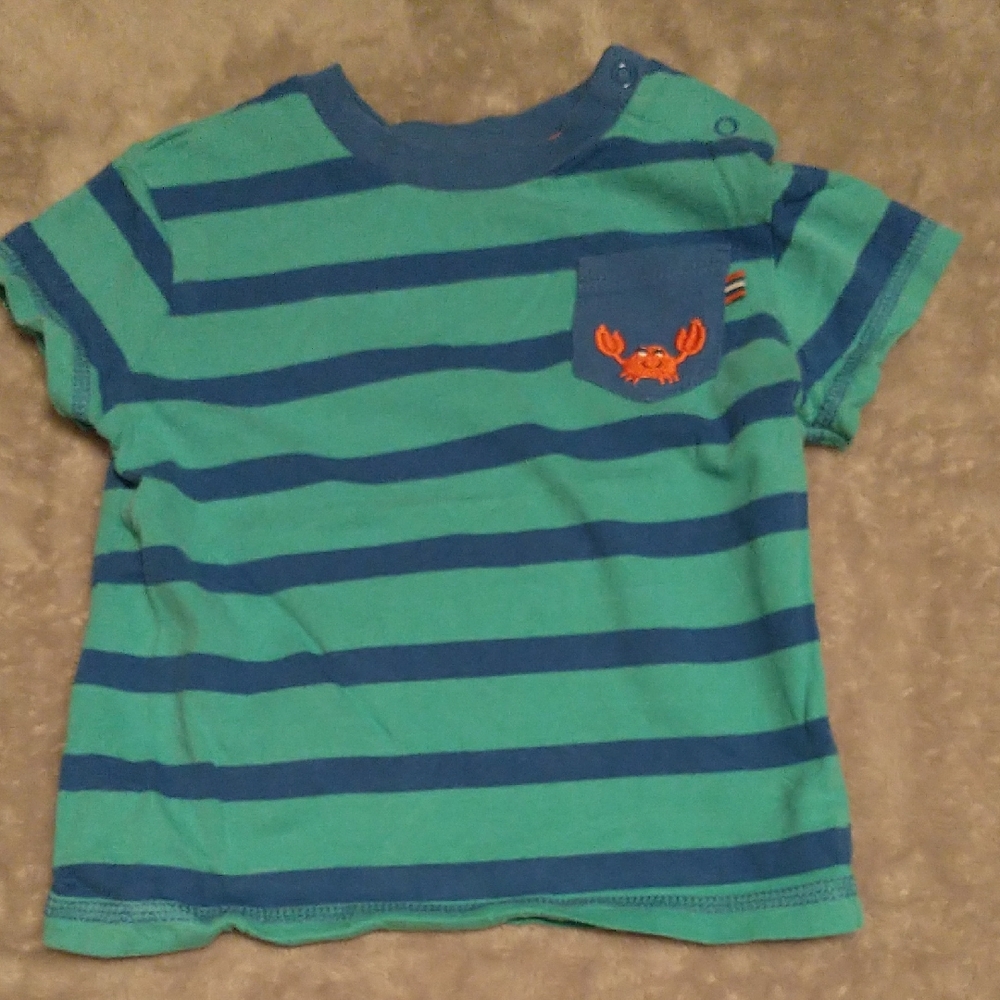 Striped Green & Blue Kids Tee with Crab Pocket